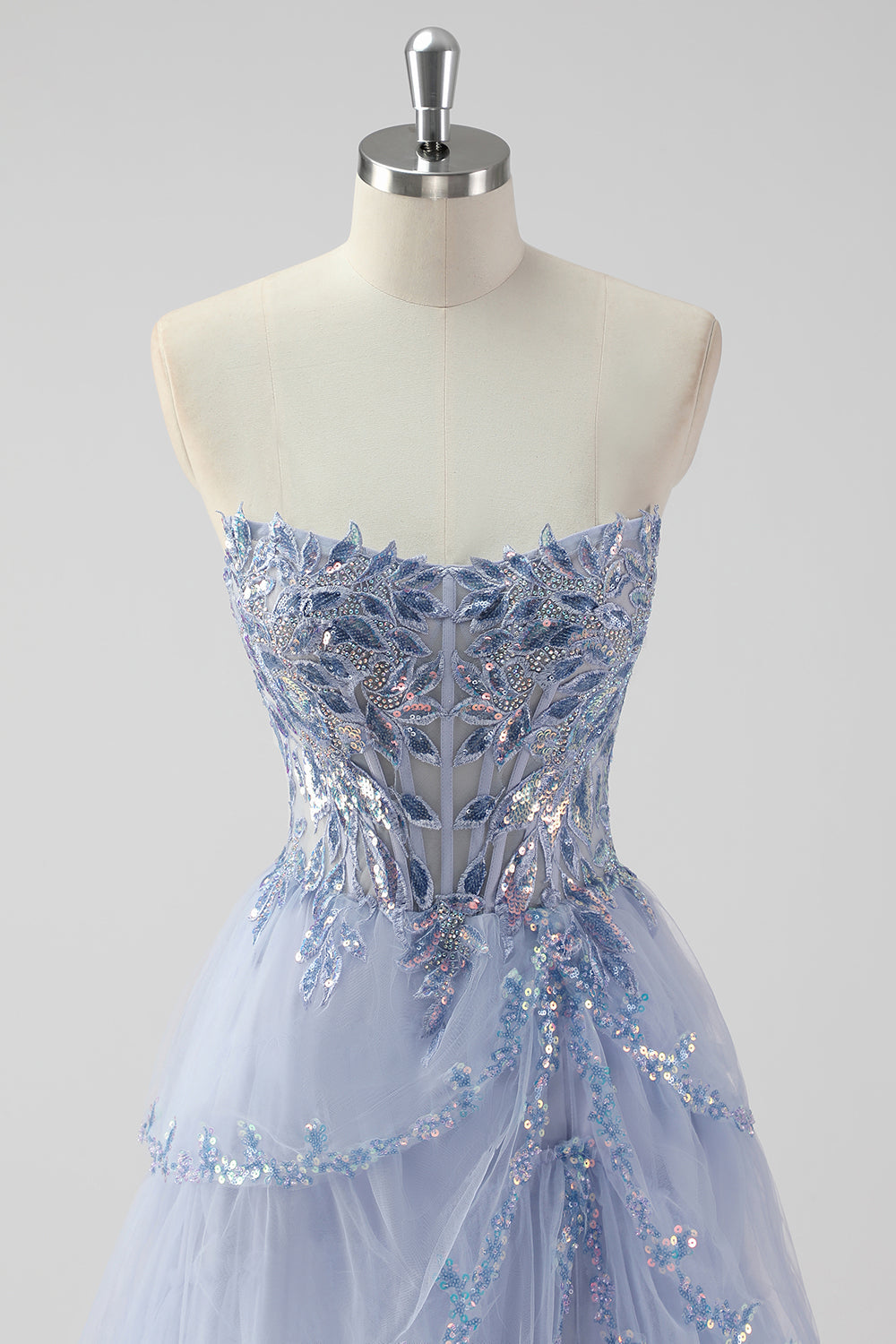 Sparkly Sage Green A Line Spaghetti Straps Sequins Corset Tiered Prom Dress with Slit