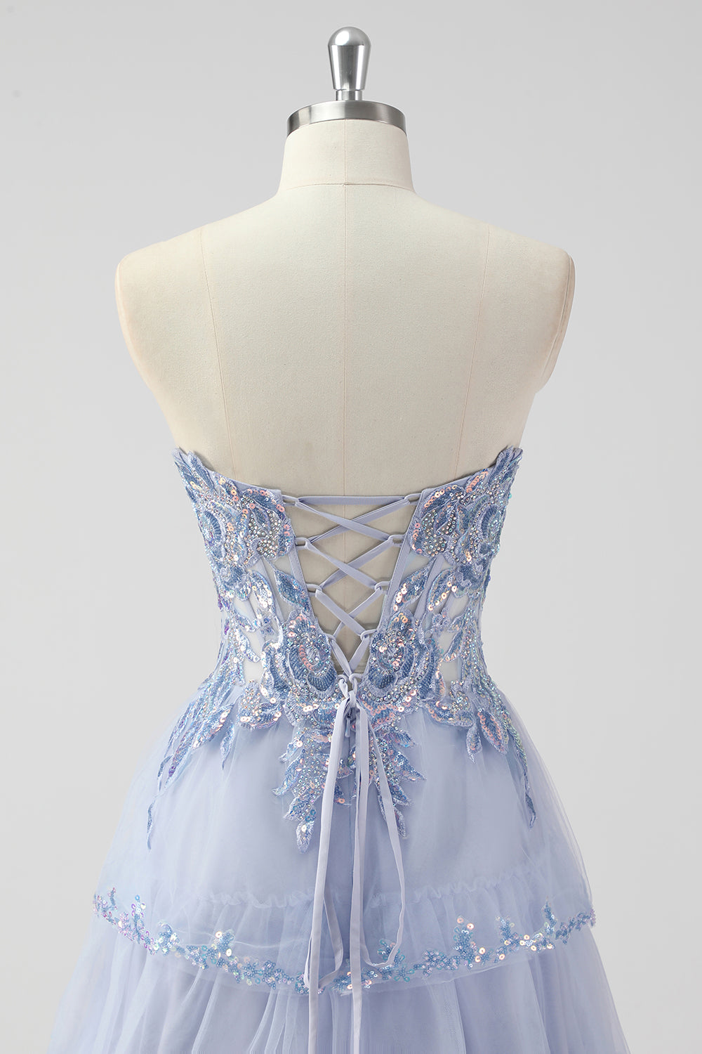 Sparkly Sage Green A Line Spaghetti Straps Sequins Corset Tiered Prom Dress with Slit