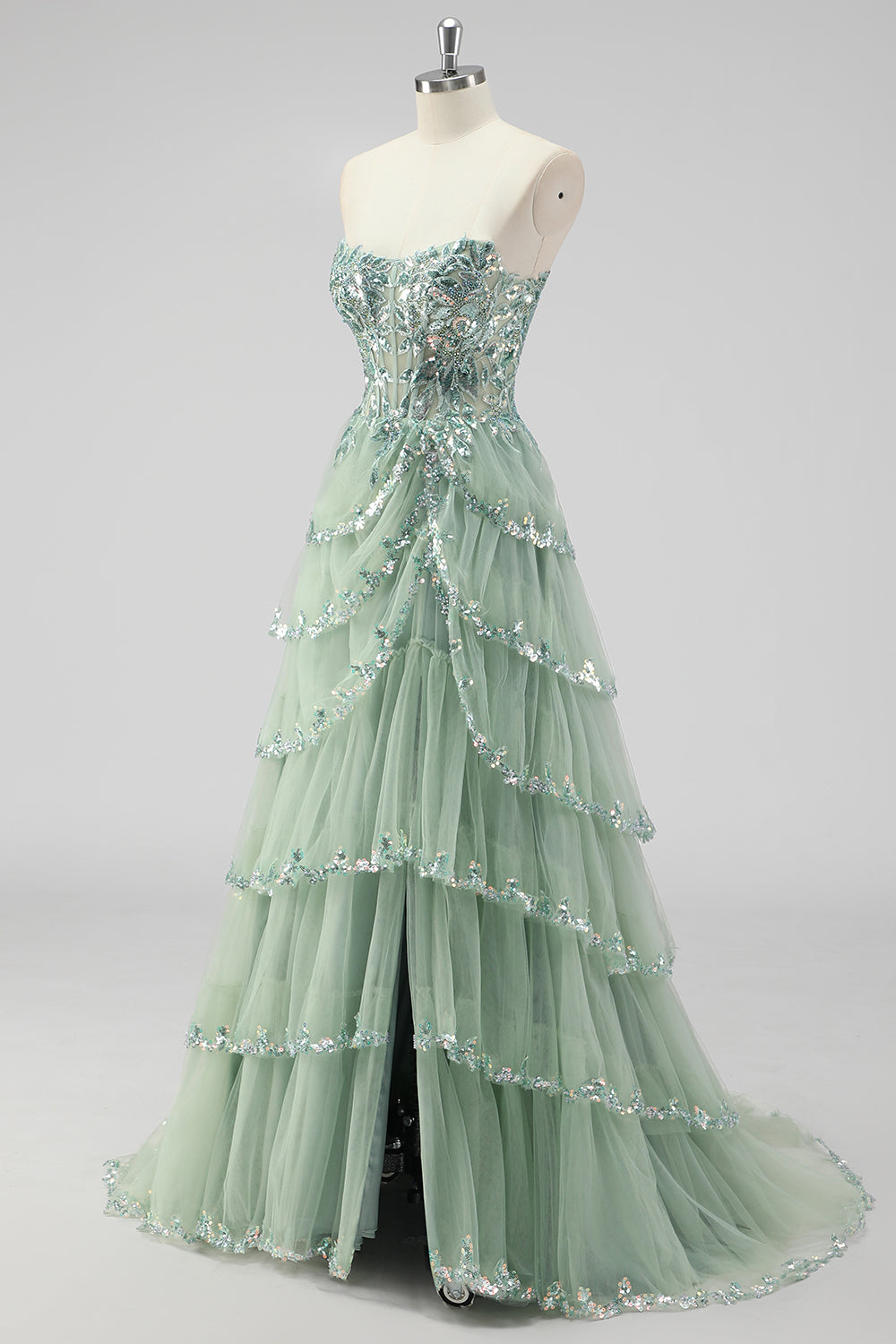 Sparkly Sage Green A Line Spaghetti Straps Sequins Corset Tiered Prom Dress with Slit