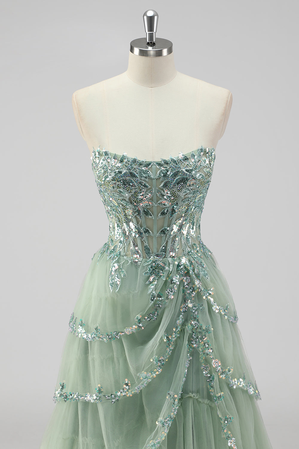 Sparkly Sage Green A Line Spaghetti Straps Sequins Corset Tiered Prom Dress with Slit
