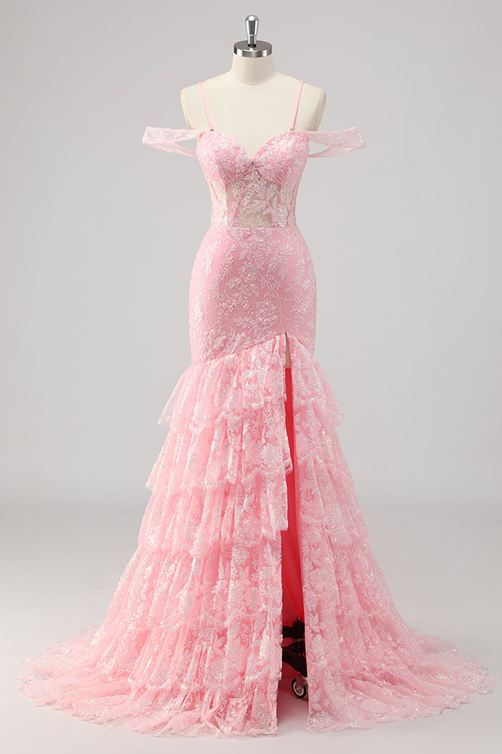 Cold Shoulder Corset Mermaid Pink Prom Dress with Slit