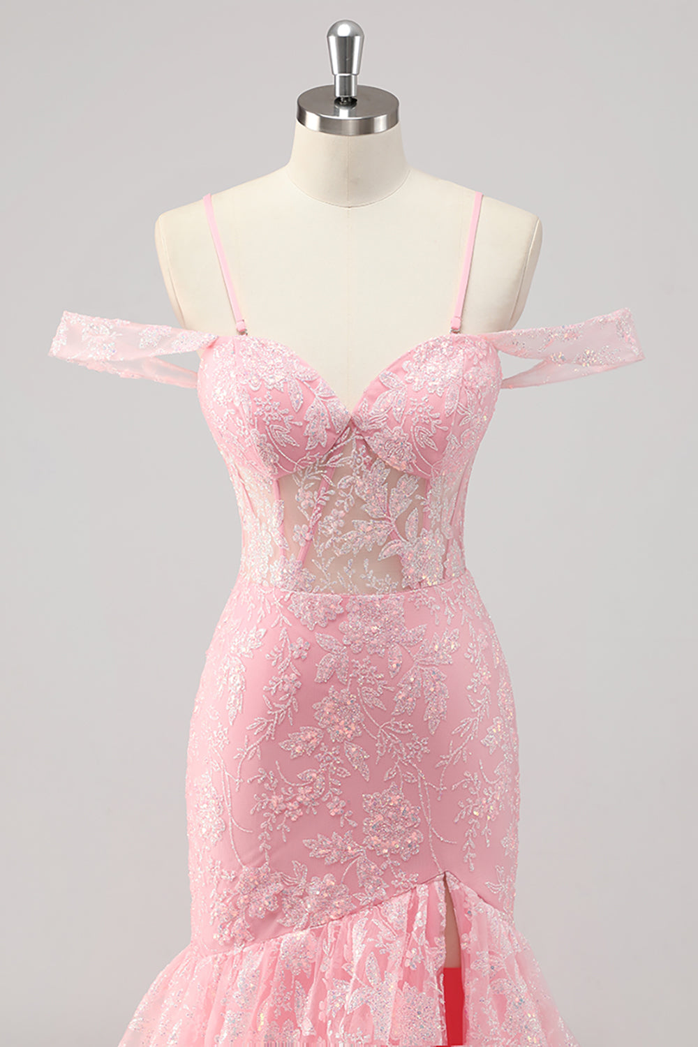 Cold Shoulder Corset Mermaid Pink Prom Dress with Slit