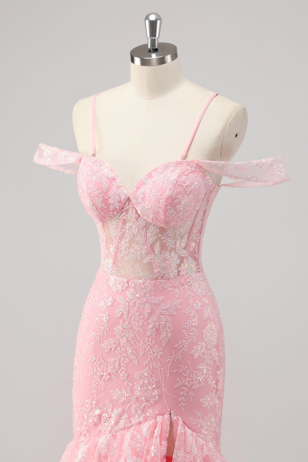 Cold Shoulder Corset Mermaid Pink Prom Dress with Slit