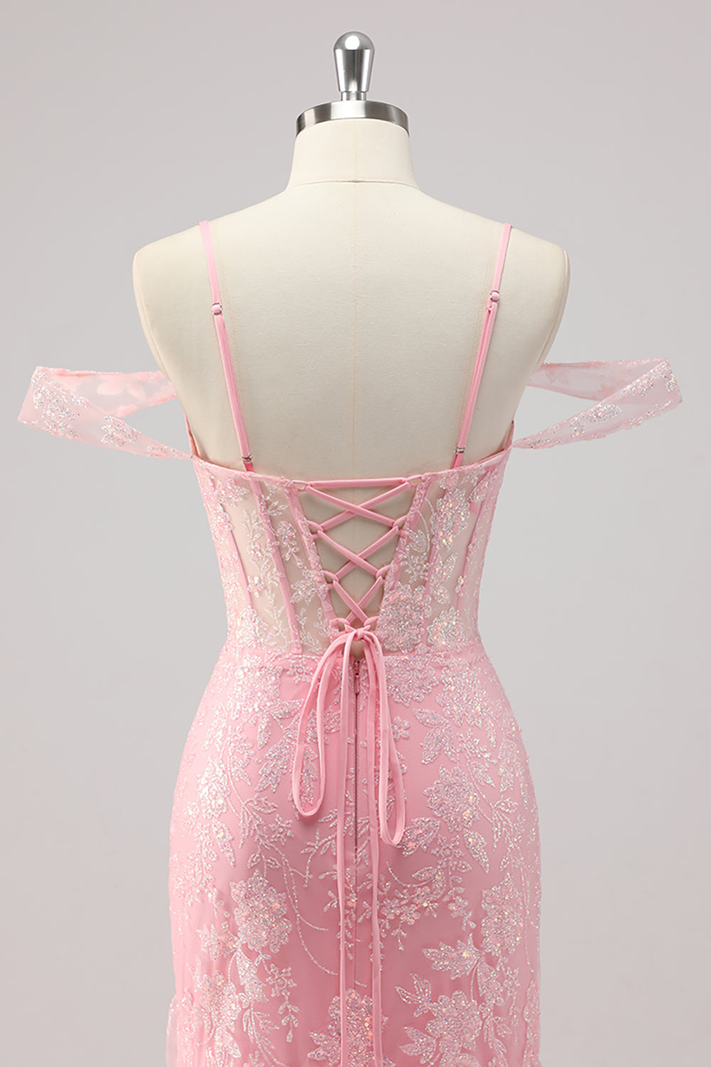 Cold Shoulder Corset Mermaid Pink Prom Dress with Slit