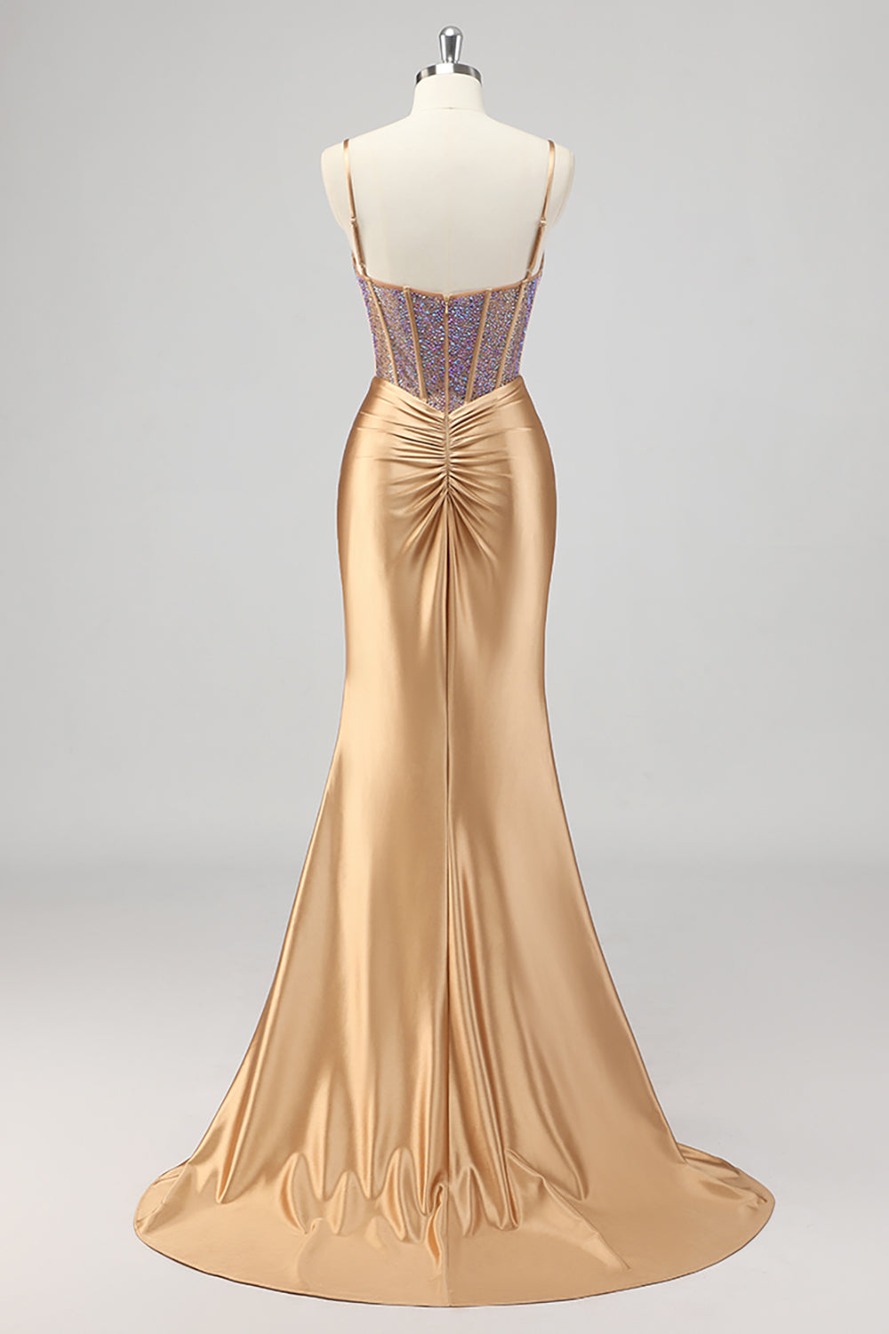 Mermaid Corset Gold Beaded Prom Dress with Slit