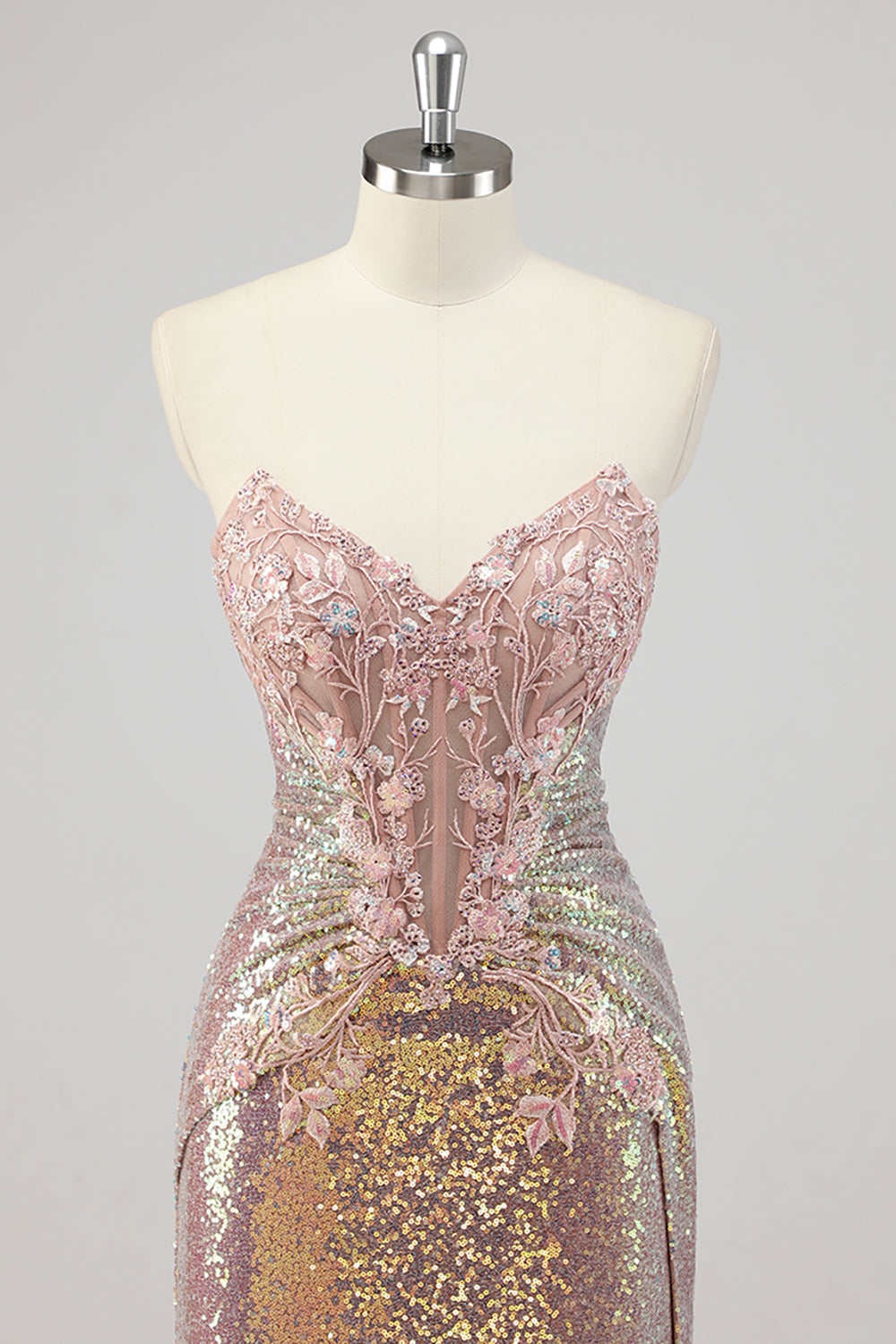 Strapless Mermaid Blush Corset Sequin Prom Dress