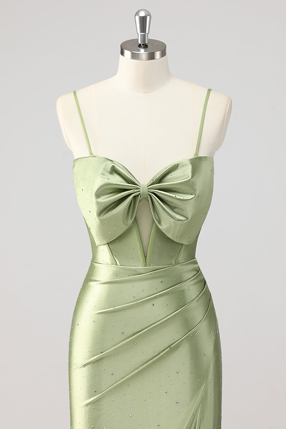 Green Mermaid Beaded Corset Bow Cut Out Satin Prom Dress with Slit
