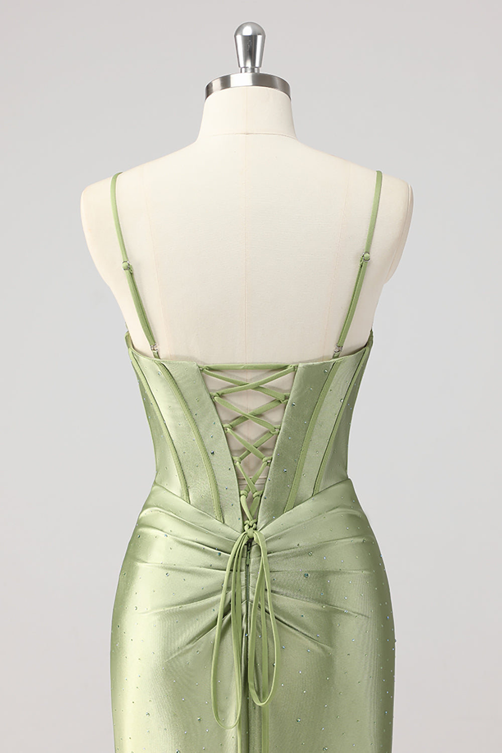 Green Mermaid Beaded Corset Bow Cut Out Satin Prom Dress with Slit