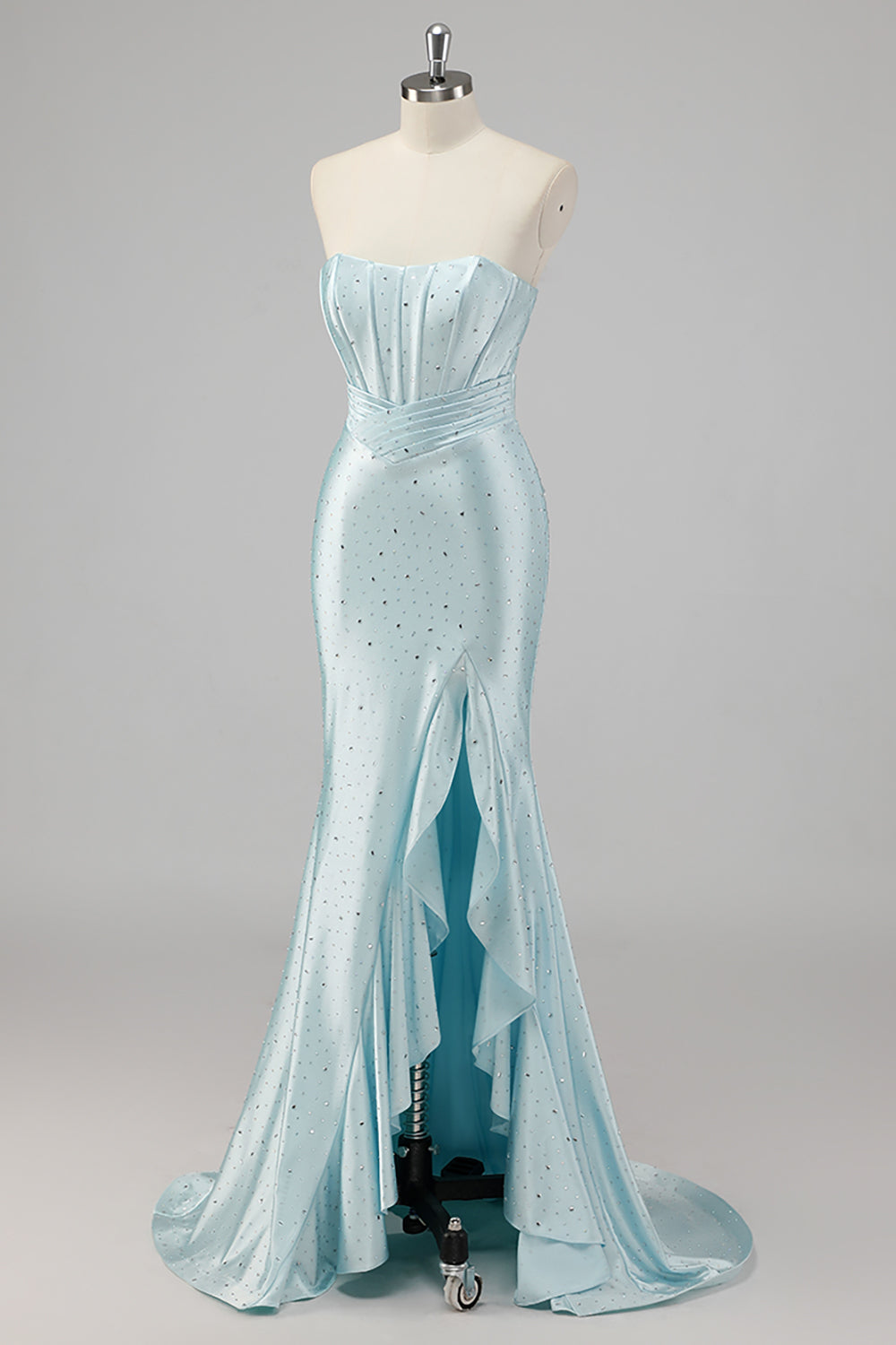 Strapless Mermaid Beaded Blue Prom Dress with Slit