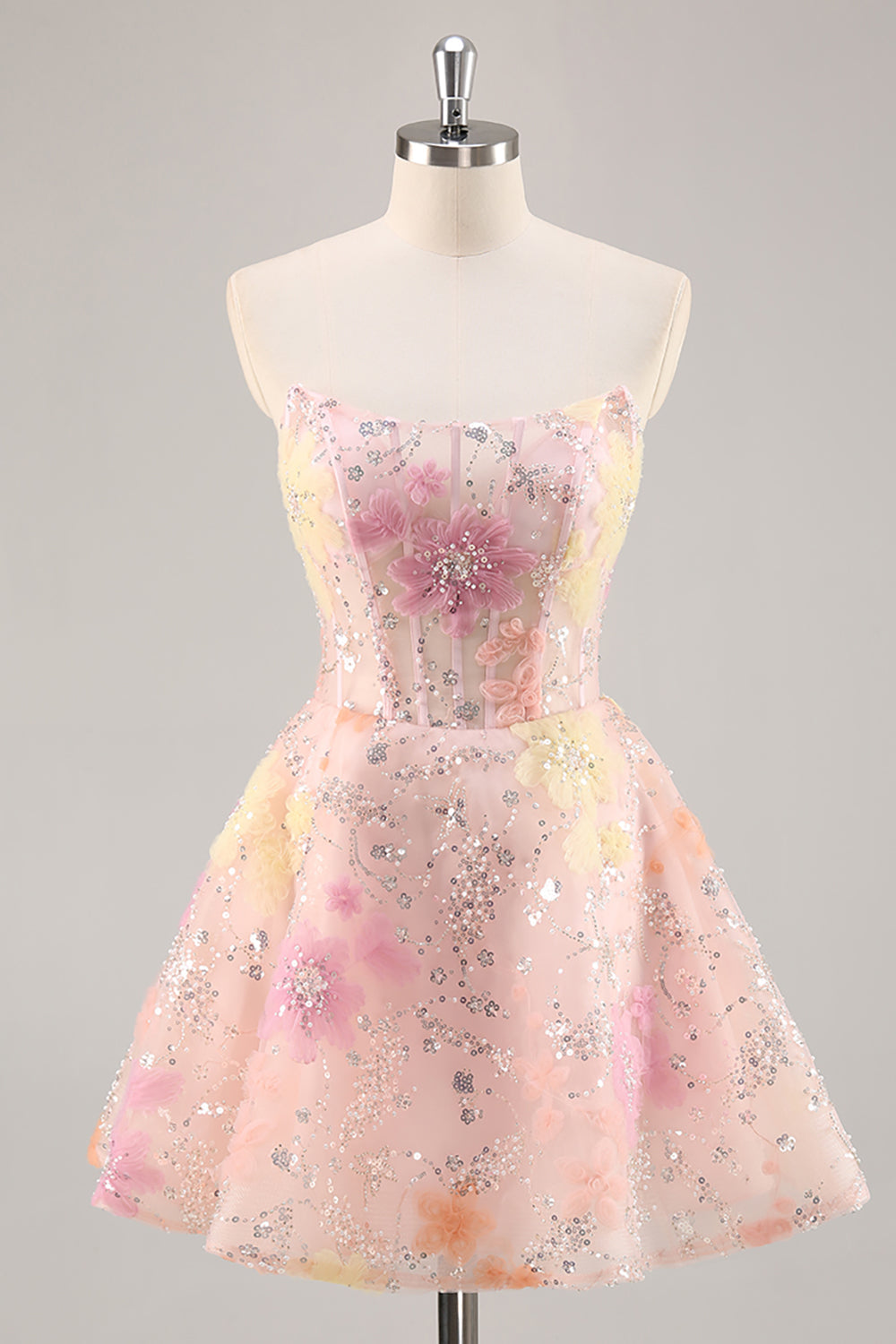Sparkly Strapless Corset Sequins Pink Homecoming Dress with Appliques