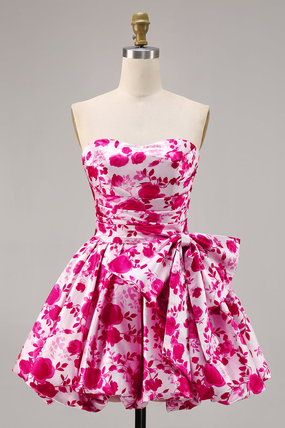 Strapless Fuchsia A Line Floral Homecoming Dress with Bow