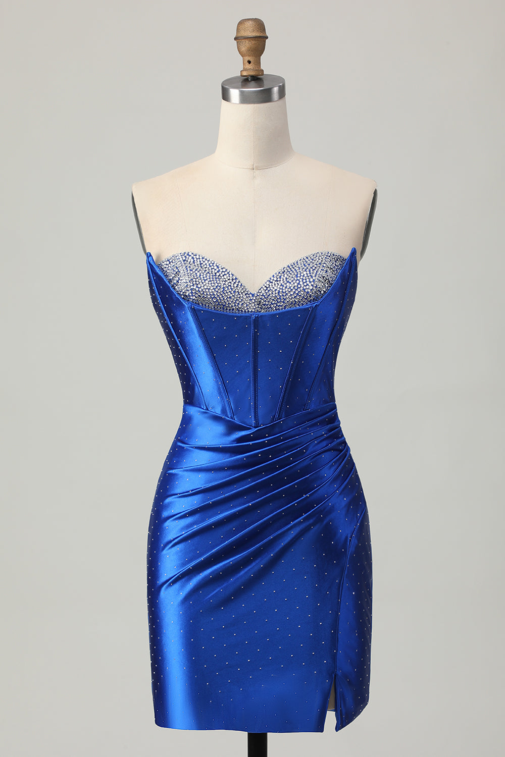 Beaded Tight Royal Blue Strapless Homecoming Dress with Slit