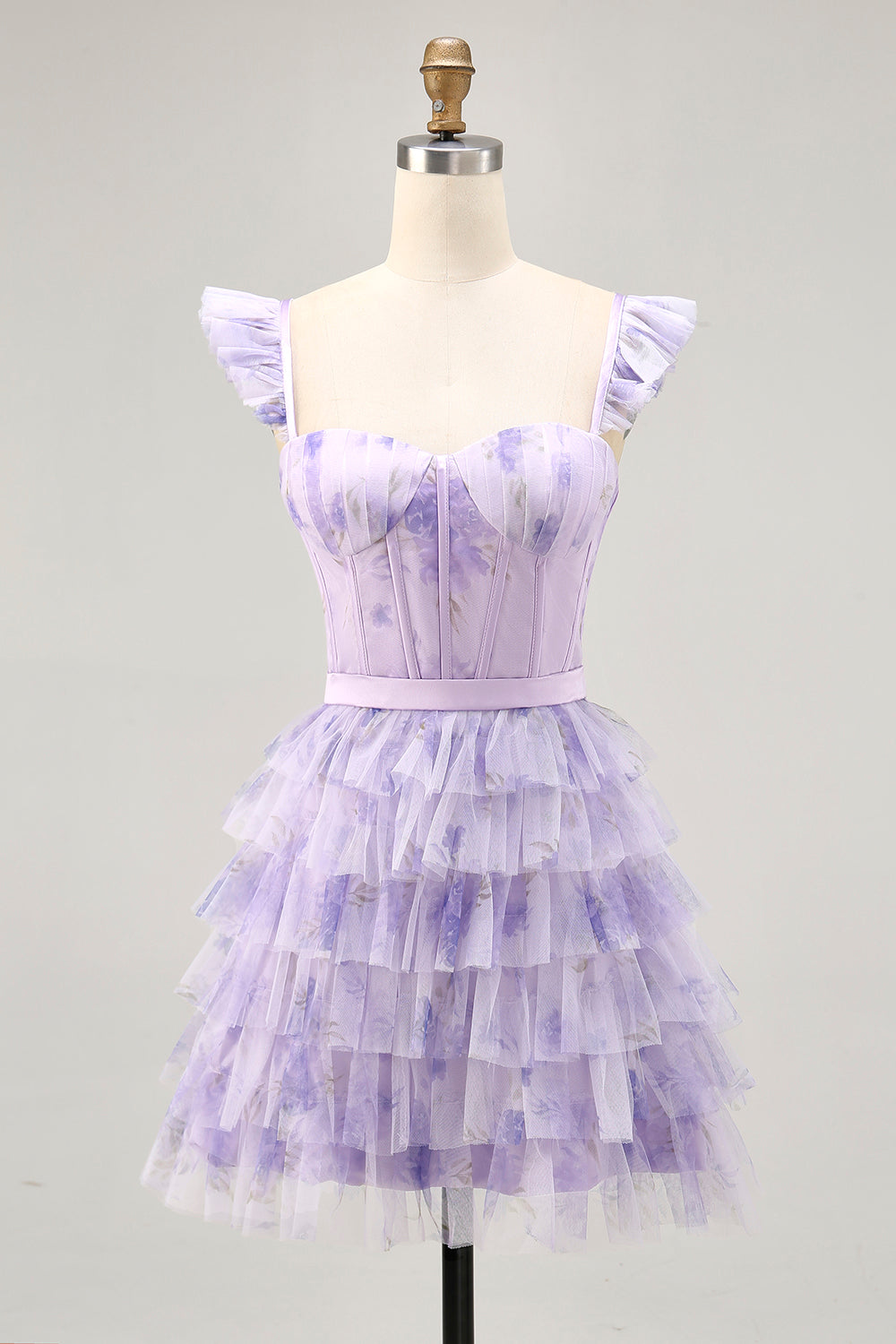Lilac Floral Ruffled Corset A-Line Homecoming Dress