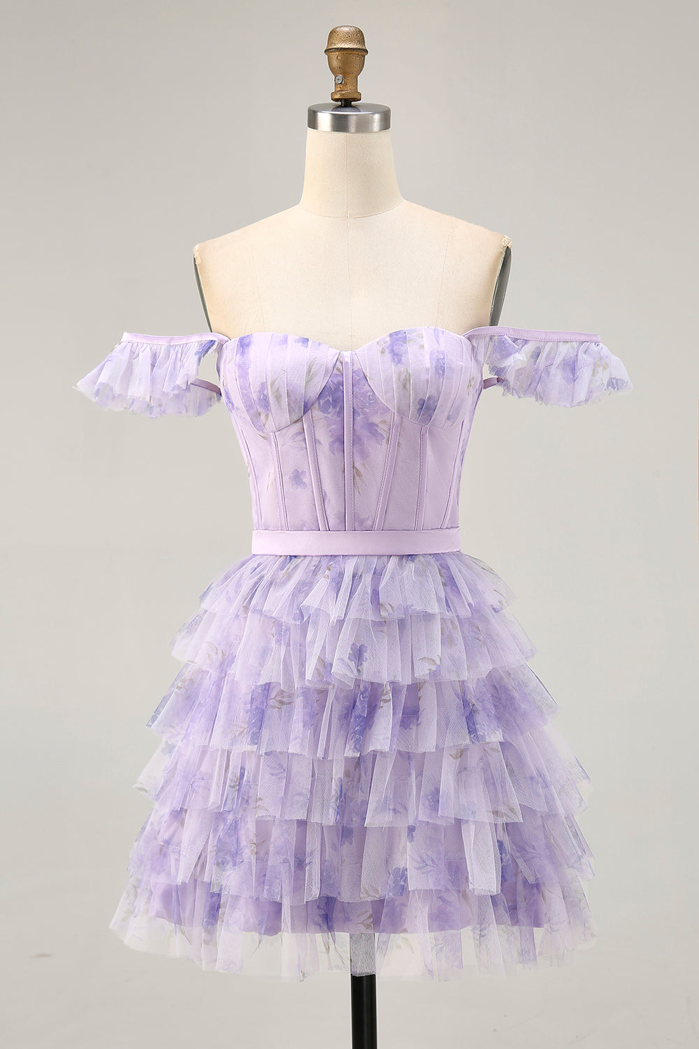 Lilac Floral Ruffled Corset A-Line Homecoming Dress