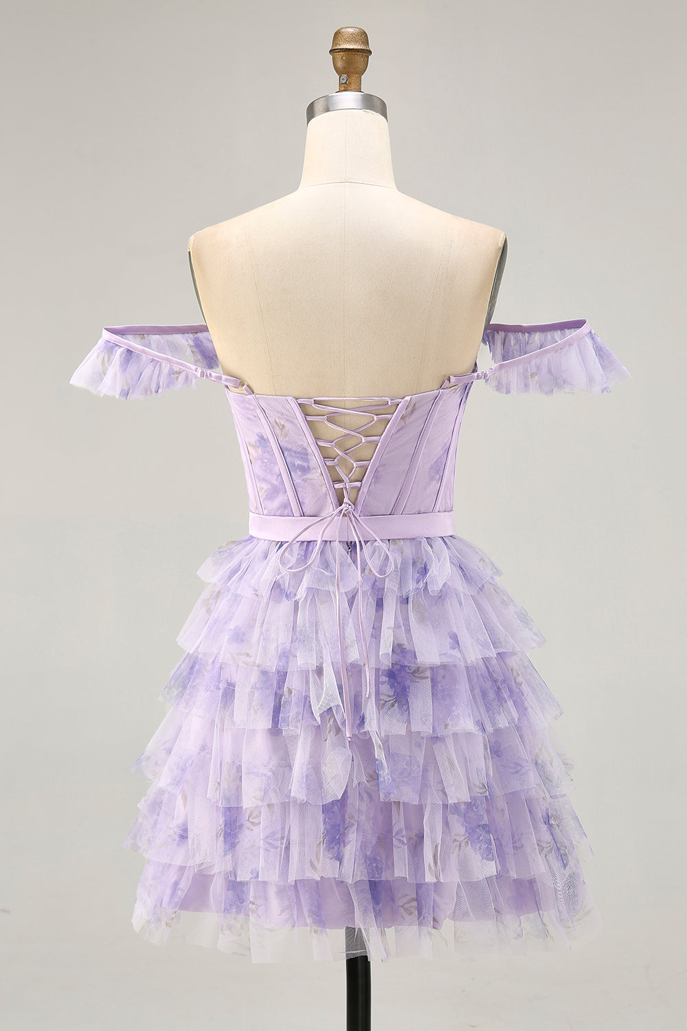 Lilac Floral Ruffled Corset A-Line Homecoming Dress