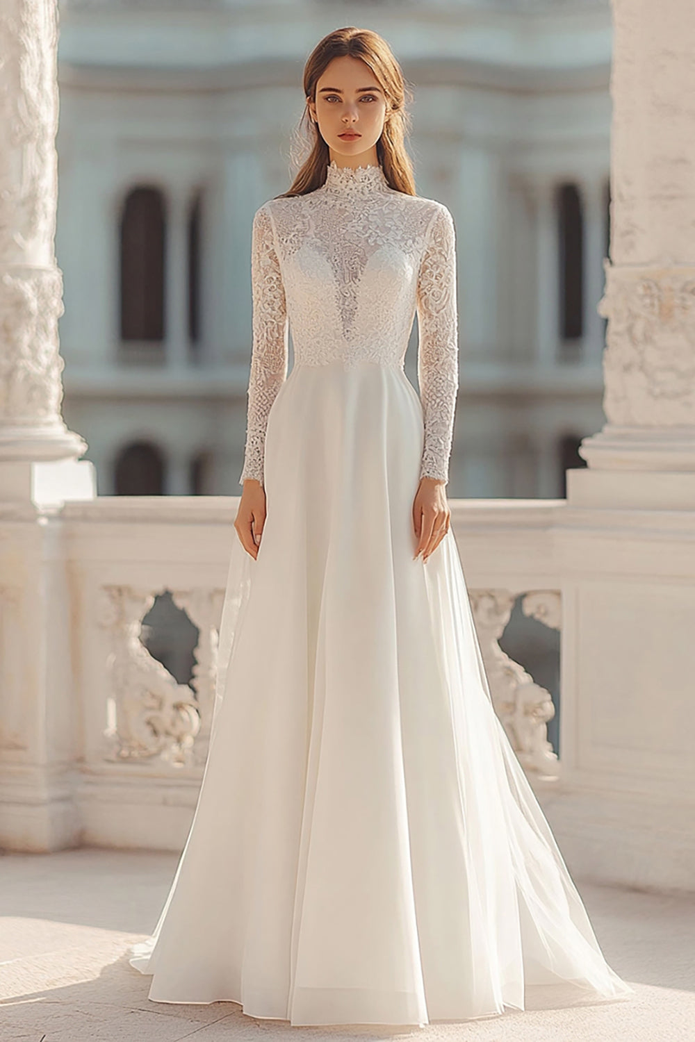 Lace High Neck A Line Ivory Wedding Dress