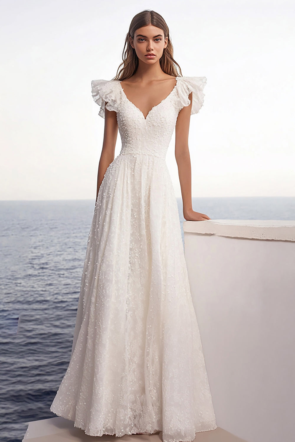 Ivory Ruffle Sleeve A Line Wedding Dress