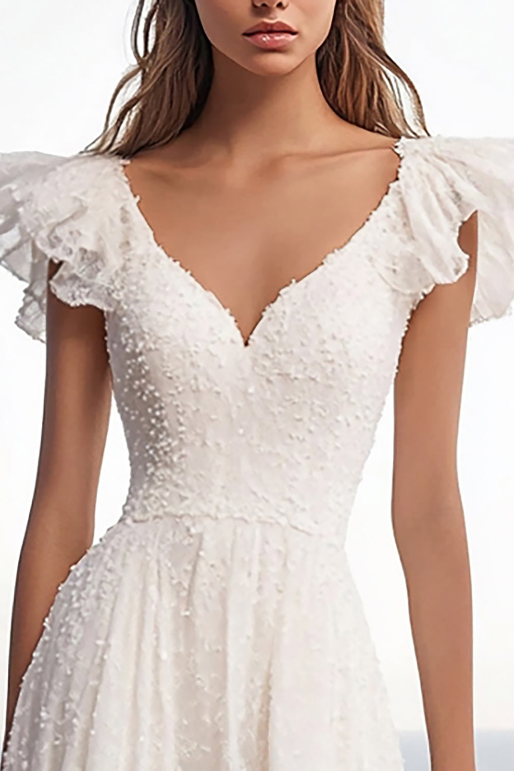Ivory Ruffle Sleeve A Line Wedding Dress
