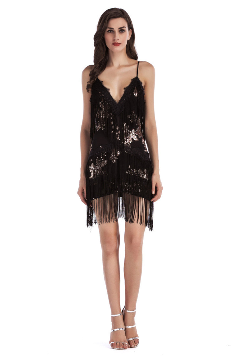 Sparkly Black Short Tight Spaghetti Straps Homecoming Dress with Fringes