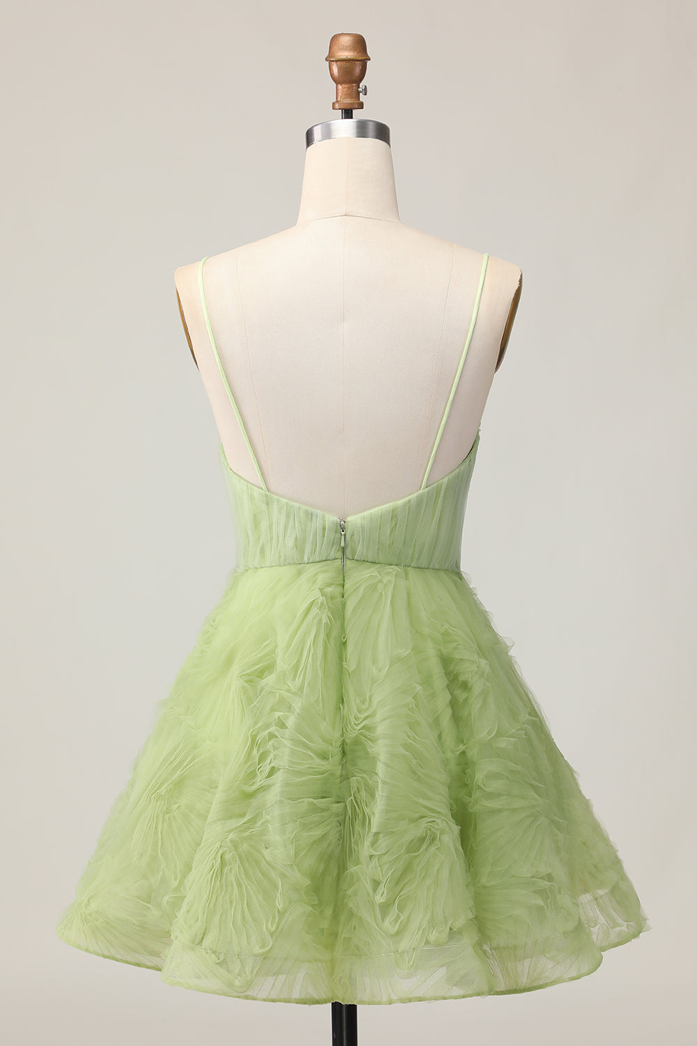 A Line Spaghetti Straps Green Ruched Short Homecoming Dress with Open Back