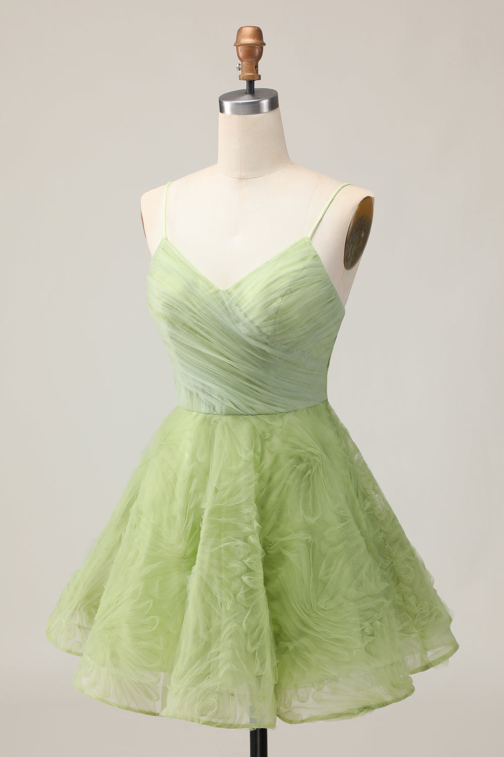 A Line Spaghetti Straps Green Ruched Short Homecoming Dress with Open Back