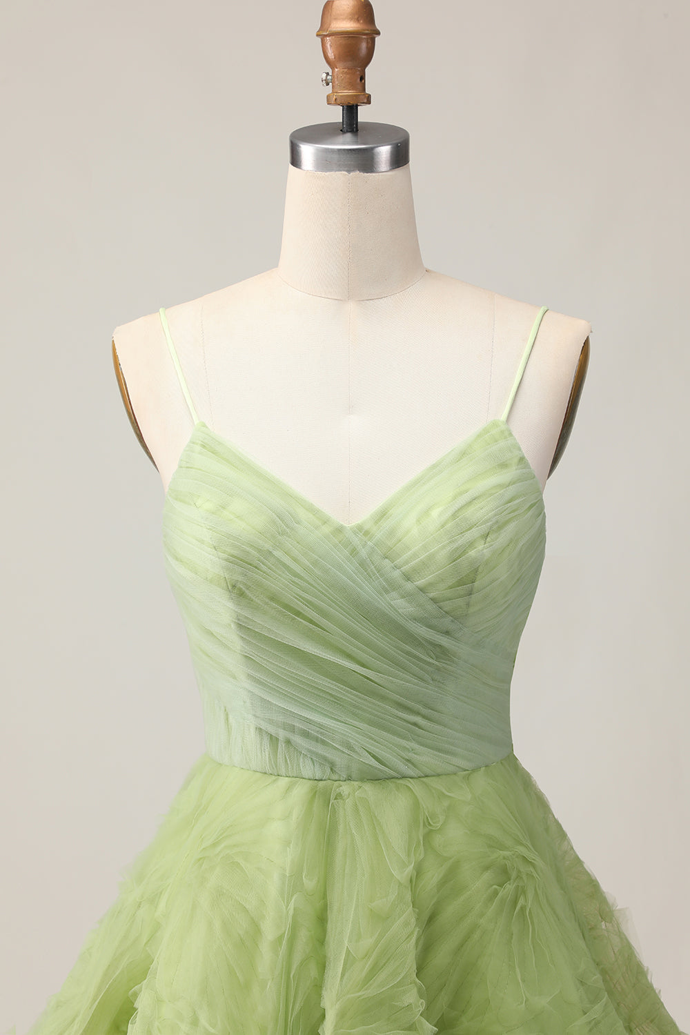 A Line Spaghetti Straps Green Ruched Short Homecoming Dress with Open Back
