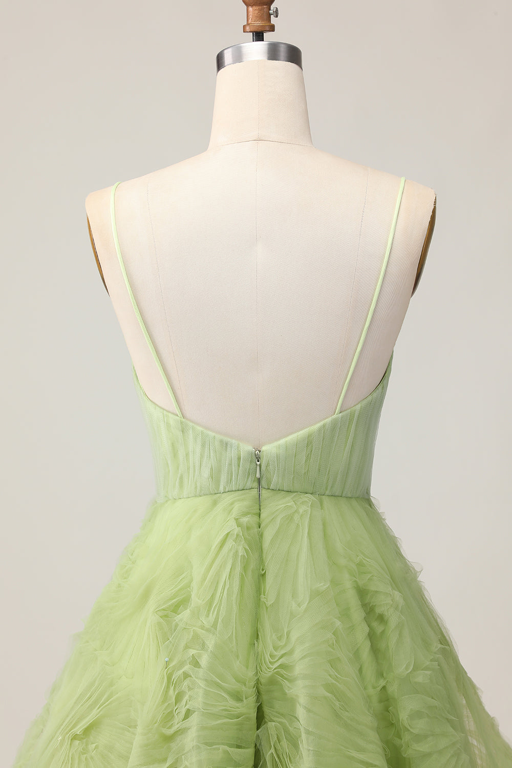 A Line Spaghetti Straps Green Ruched Short Homecoming Dress with Open Back