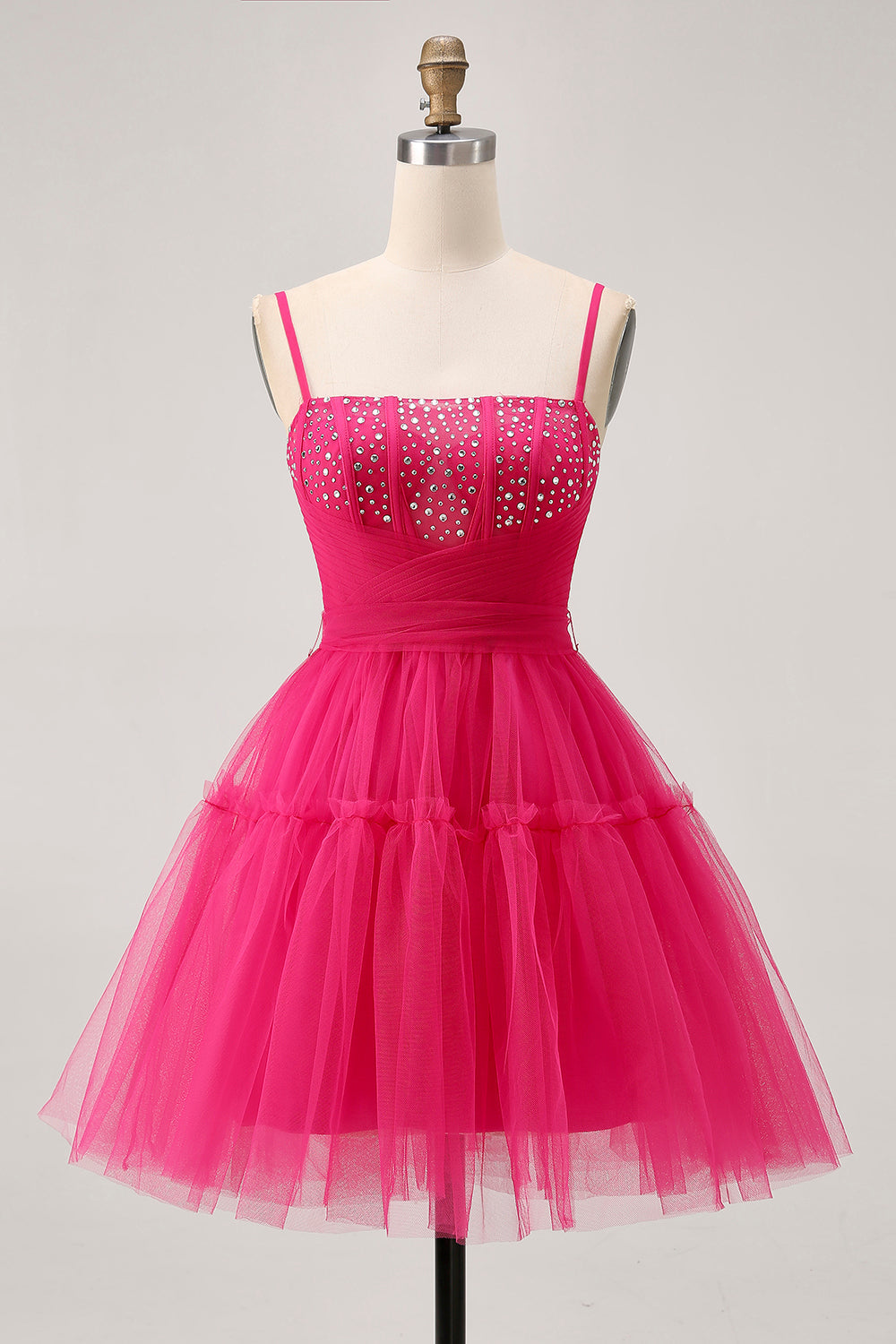 Fuchsia A Line Spaghetti Straps Corset Beaded Homecoming Dress