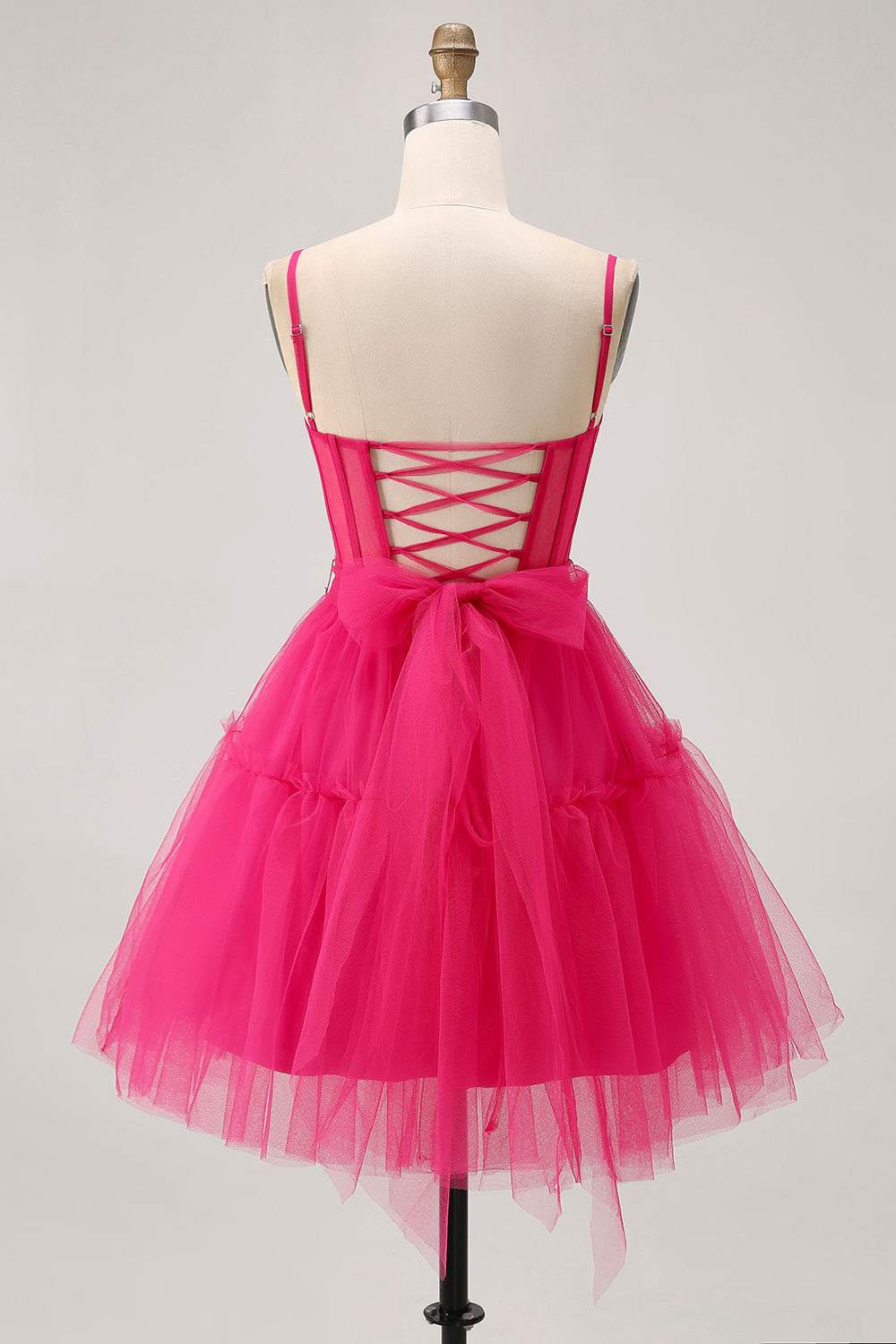 Fuchsia A Line Spaghetti Straps Corset Beaded Homecoming Dress