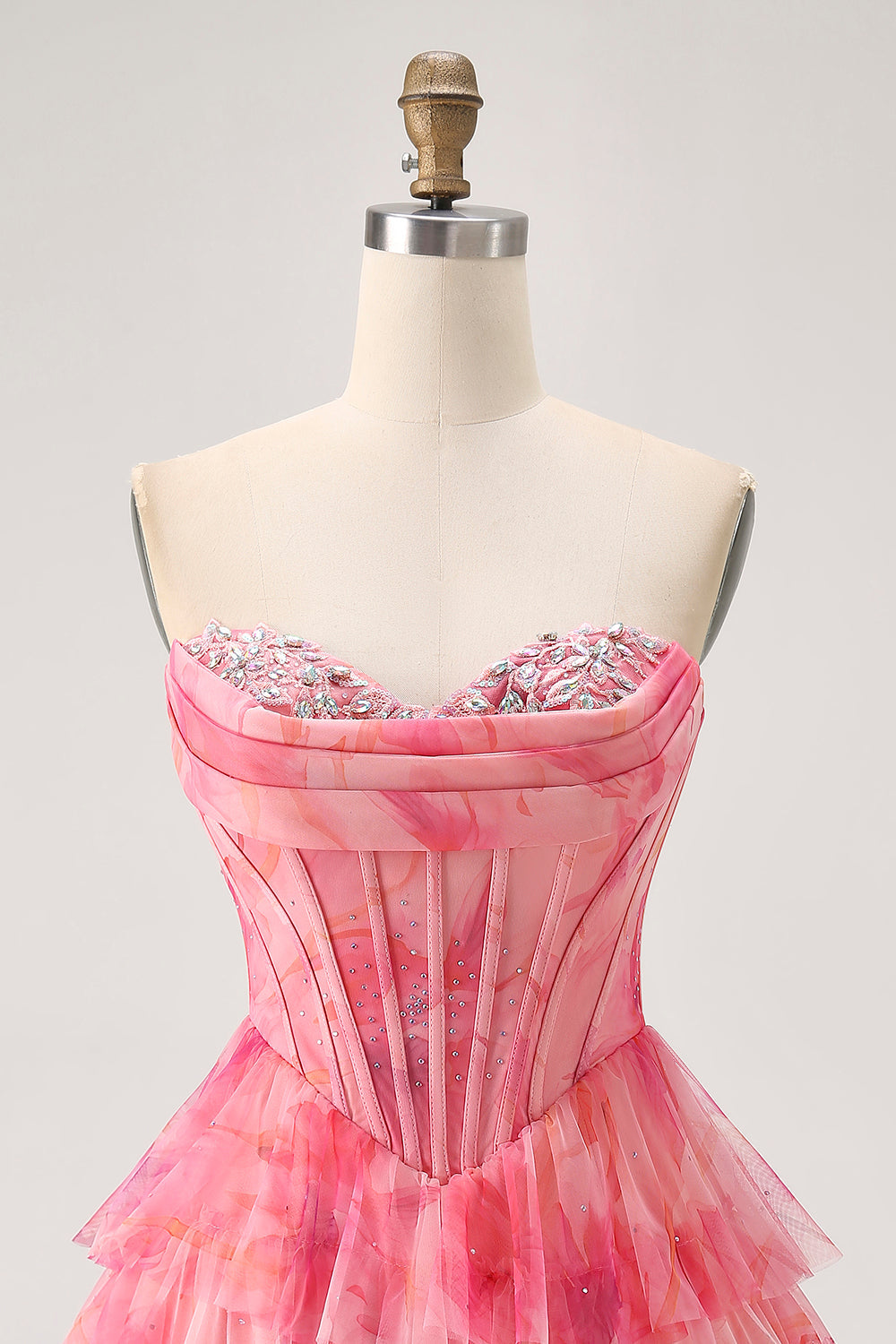 Tiered Corset Red A Line Printed Beaded Homecoming Dress