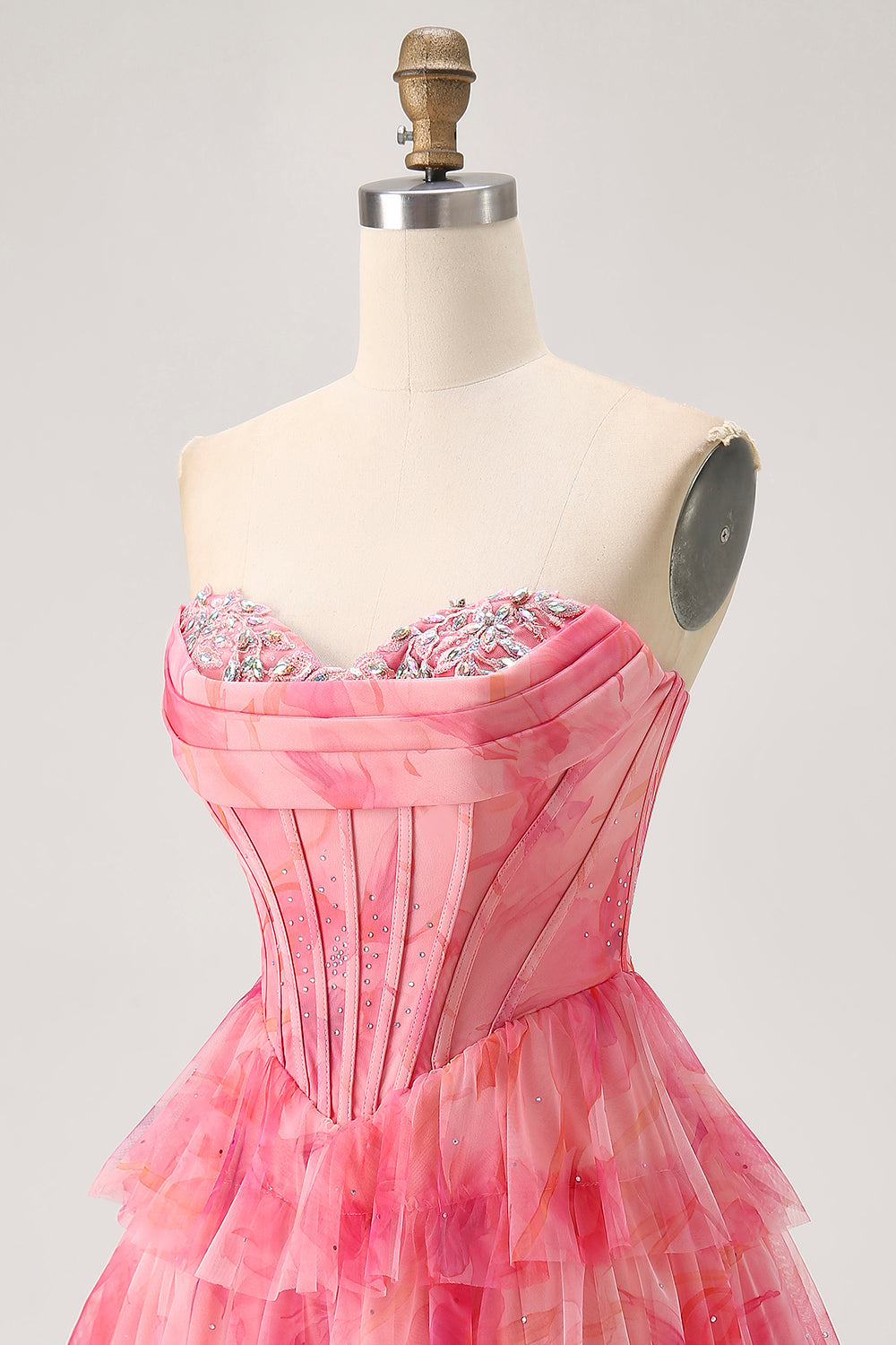 Tiered Corset Red A Line Printed Beaded Homecoming Dress