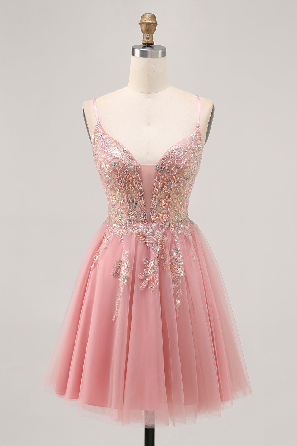 Sparkly Blush A-line Tulle Sequins Short Homecoming Dress with Lace Up Back