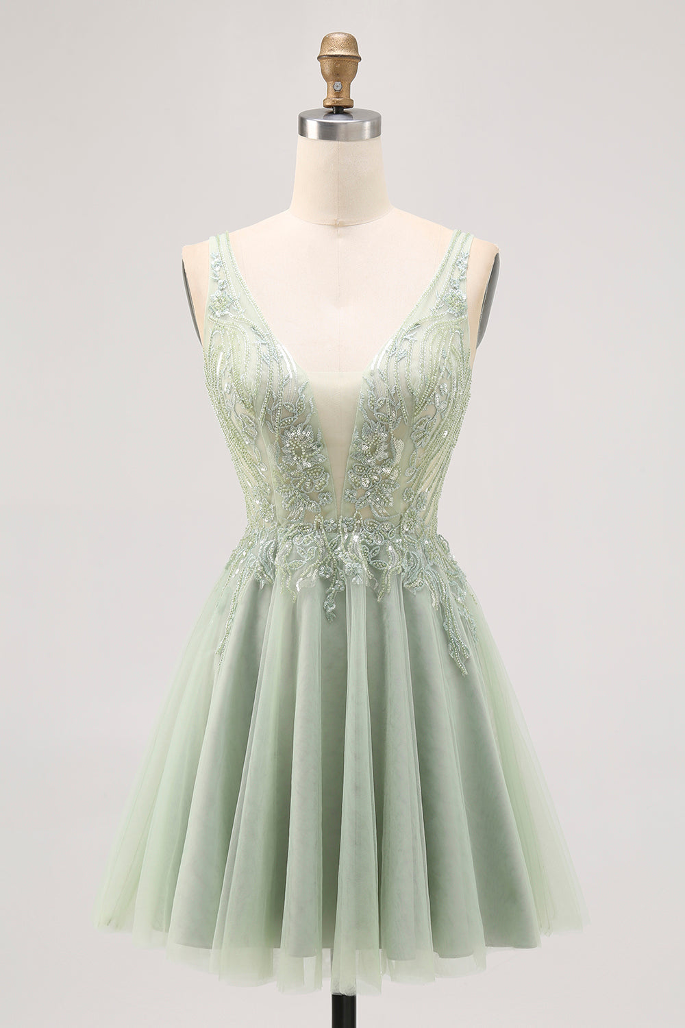 Green A-line Tulle Backless Beaded Short Homecoming Dress with Sequins