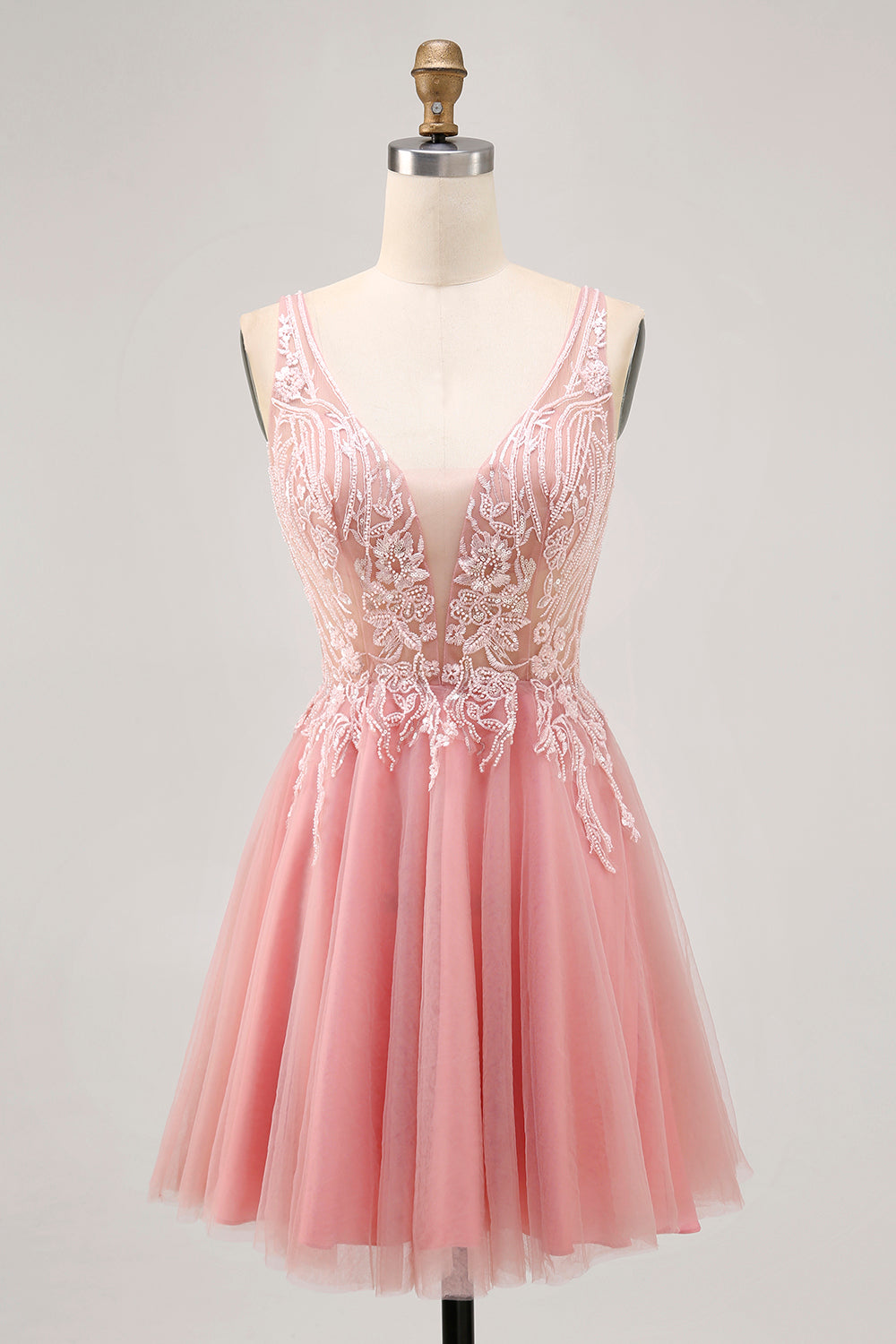 A-line Tulle Blush Sequins Backless Short Homecoming Dress with Beading