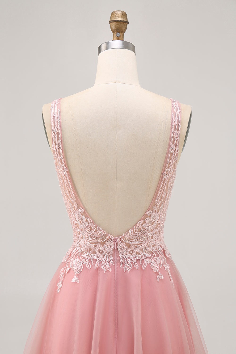 A-line Tulle Blush Sequins Backless Short Homecoming Dress with Beading