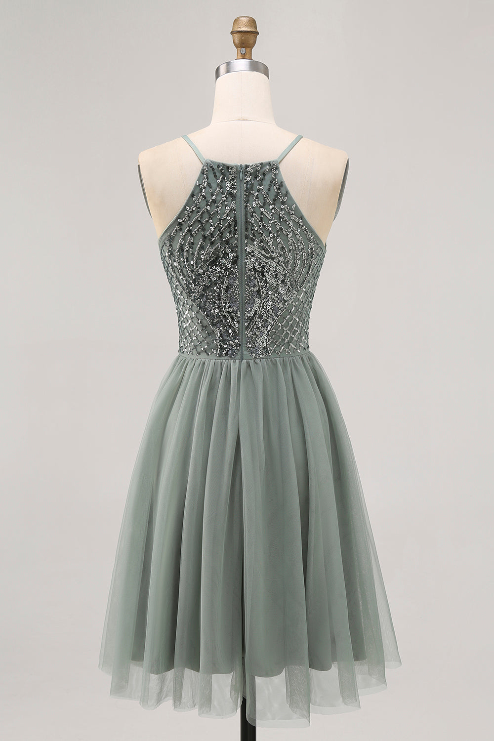 Grey Green A-line Tulle Sequins Short Homecoming Dress with Sequins