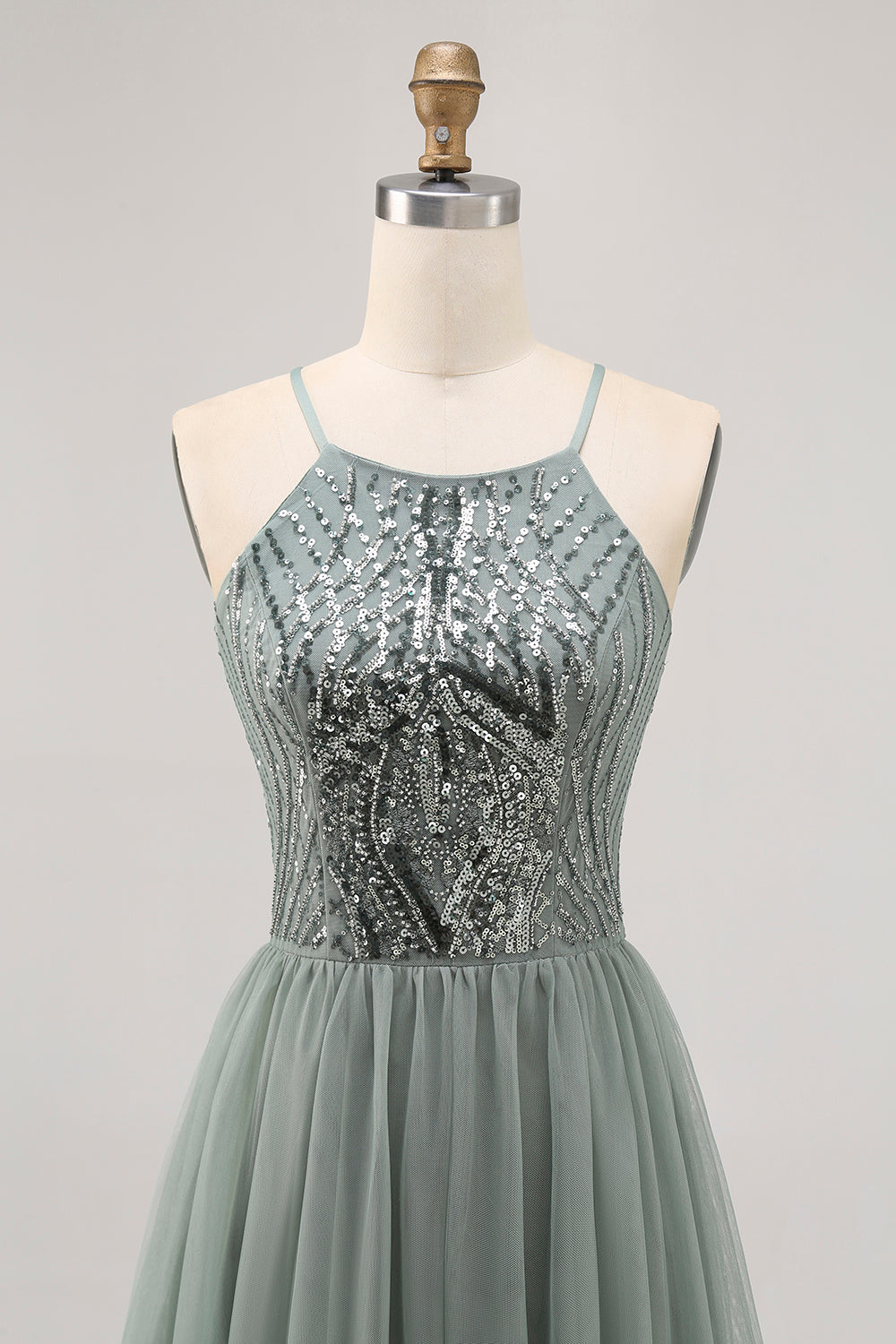 Grey Green A-line Tulle Sequins Short Homecoming Dress with Sequins