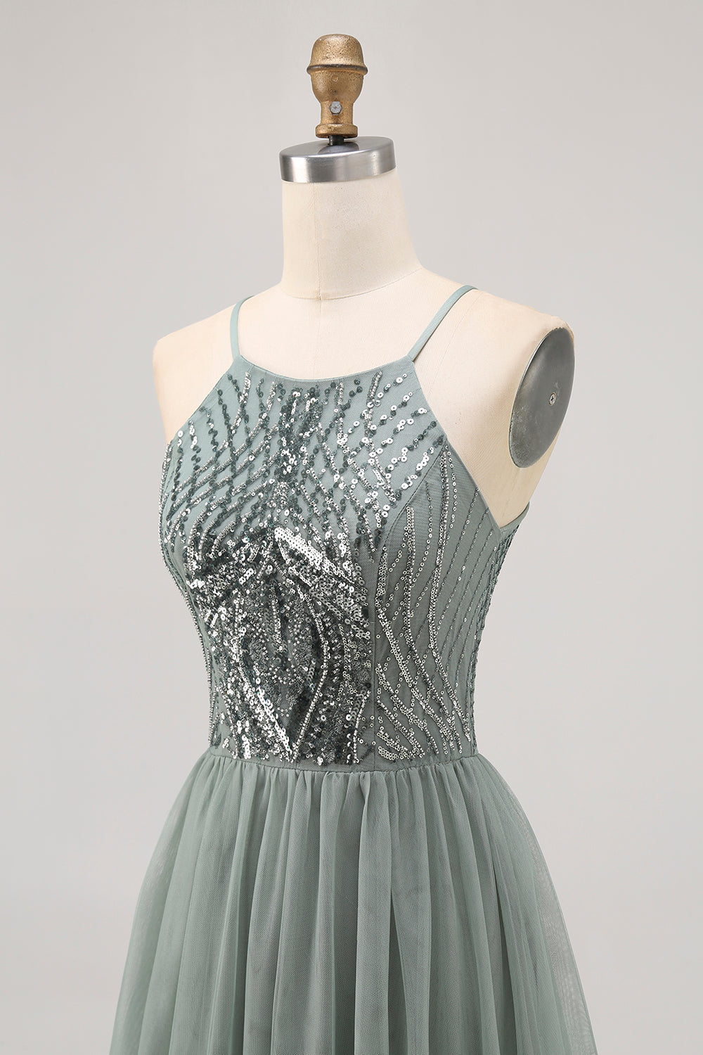 Grey Green A-line Tulle Sequins Short Homecoming Dress with Sequins