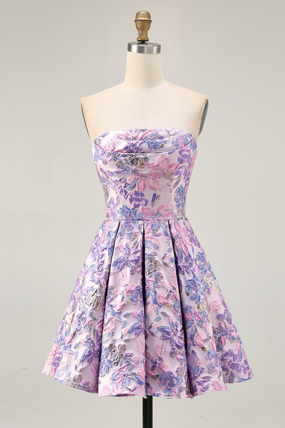 Brocade Lilac Strapless A Line Floral Short Homecoming Dress