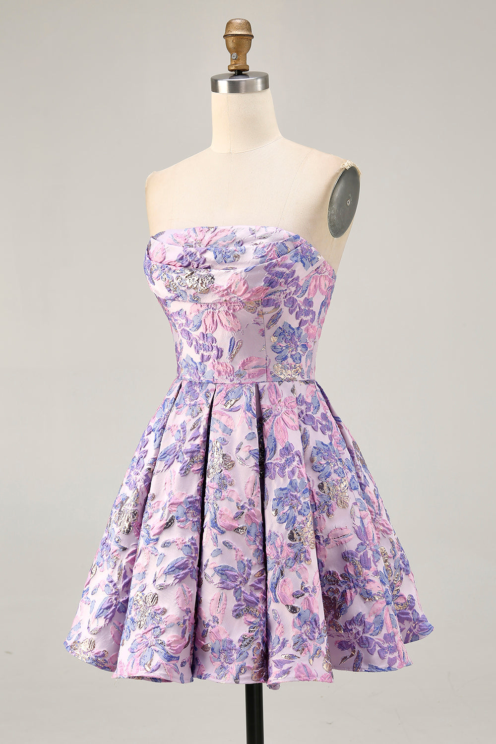 Brocade Lilac Strapless A Line Floral Short Homecoming Dress