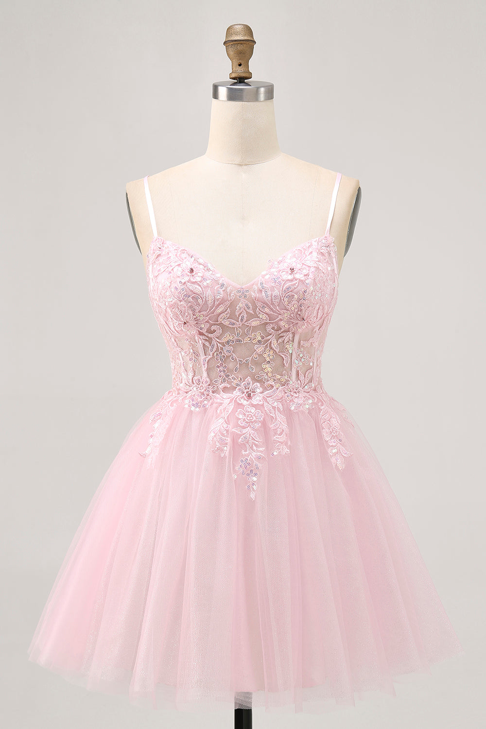 Pink A Line Corset Short Tulle Short Homecoming Dress with Appliques