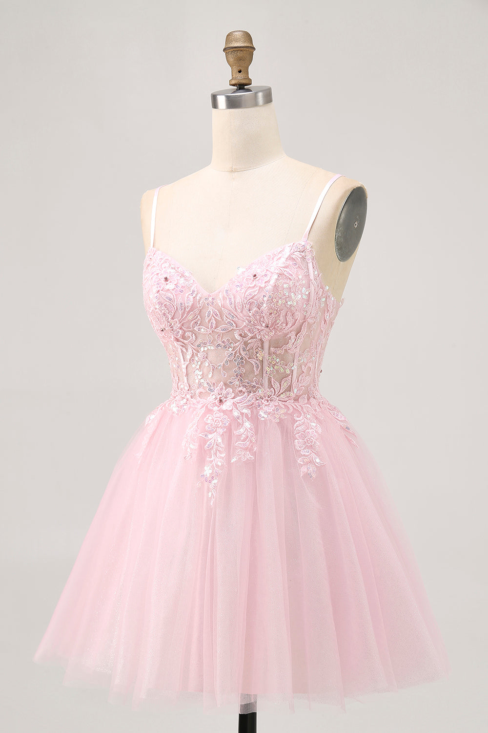 Pink A Line Corset Short Tulle Short Homecoming Dress with Appliques