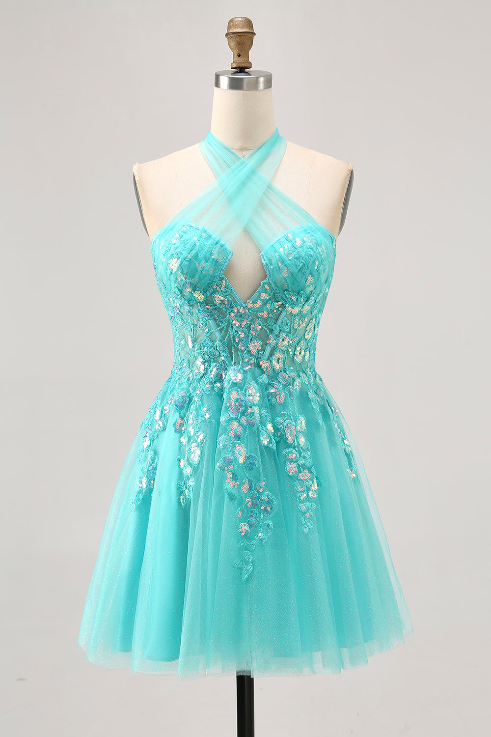 Halter Appliqued A Line Short Green Homecoming Dress