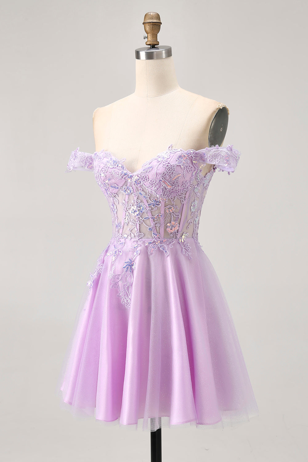 Off The Shoulder Lilac Floral A-Line Homecoming Dress with Appliques