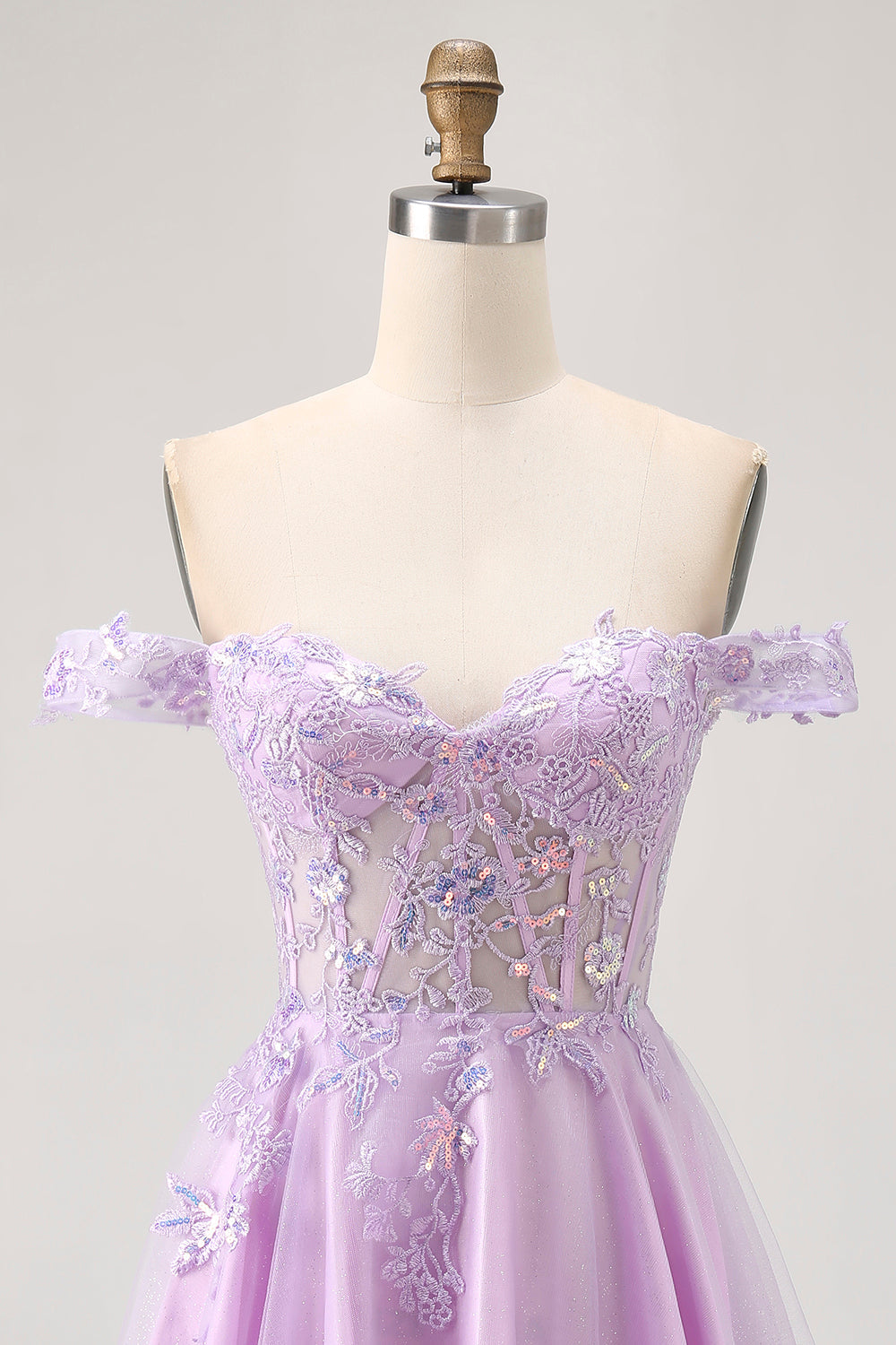 Off The Shoulder Lilac Floral A-Line Homecoming Dress with Appliques