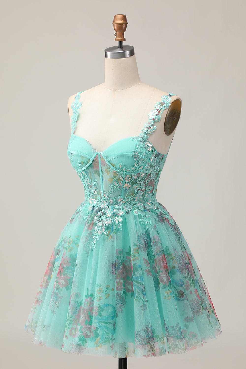 Green Corset A-Line Floral Short Homecoming Dress with Lace Up Back