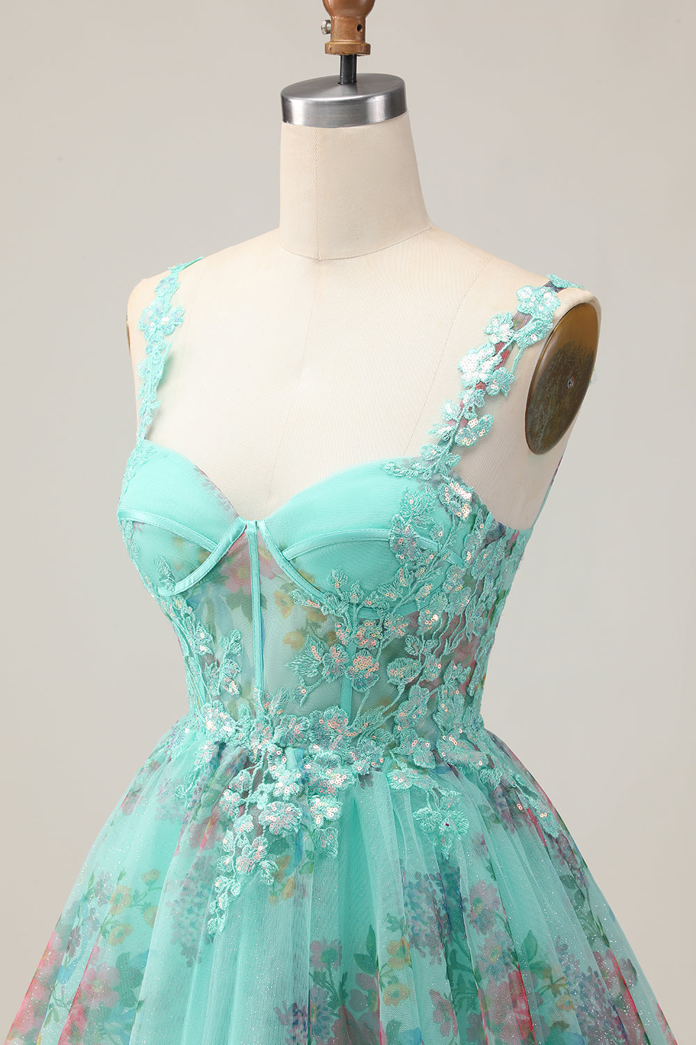 Green Corset A-Line Floral Short Homecoming Dress with Lace Up Back