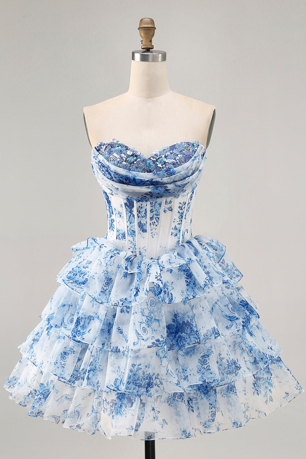 White Blue Flower A-Line Strapless Sequins Printed Homecoming Dress