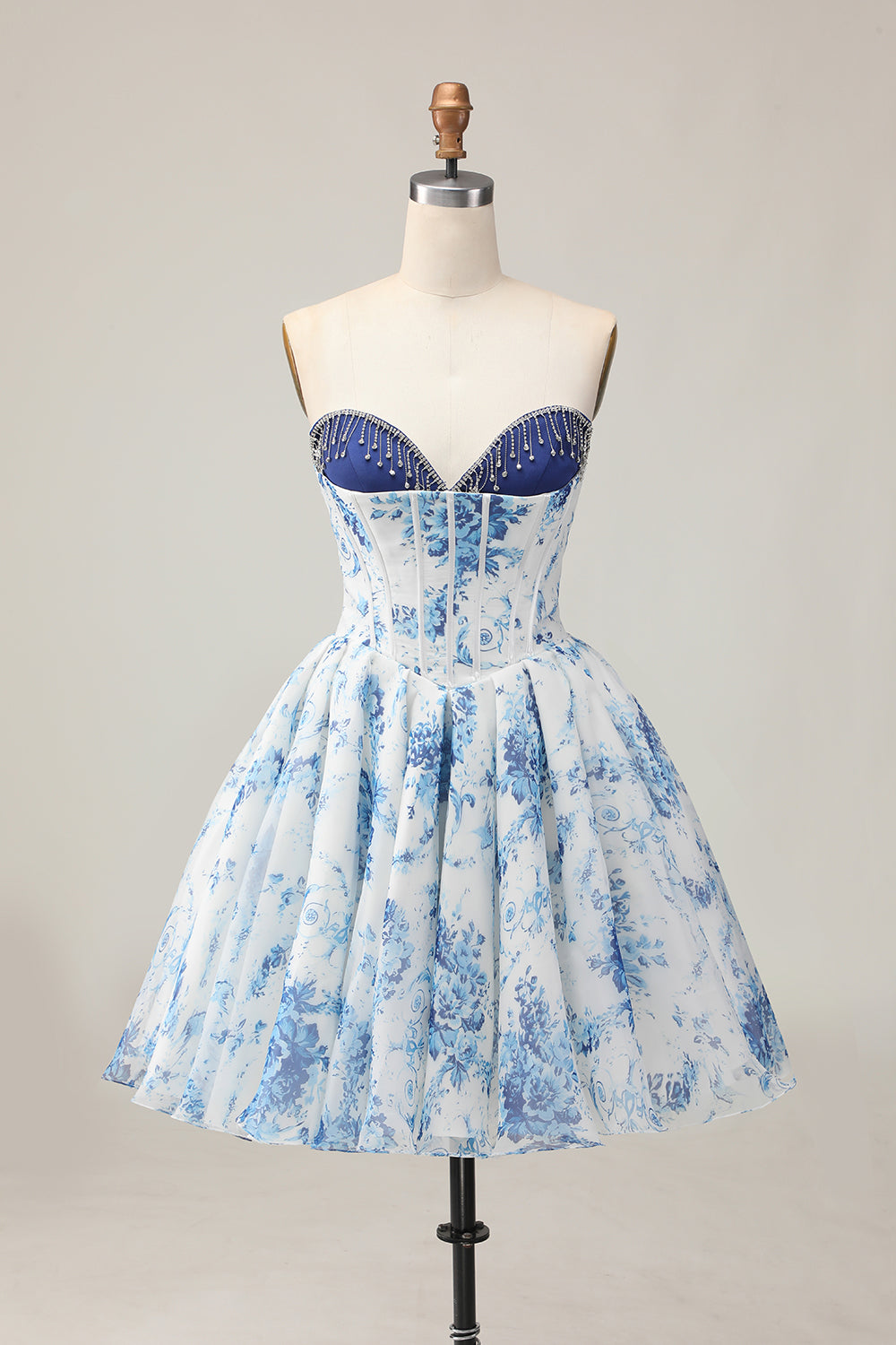 White Blue Flower A-Line Strapless Printed Beaded Homecoming Dress