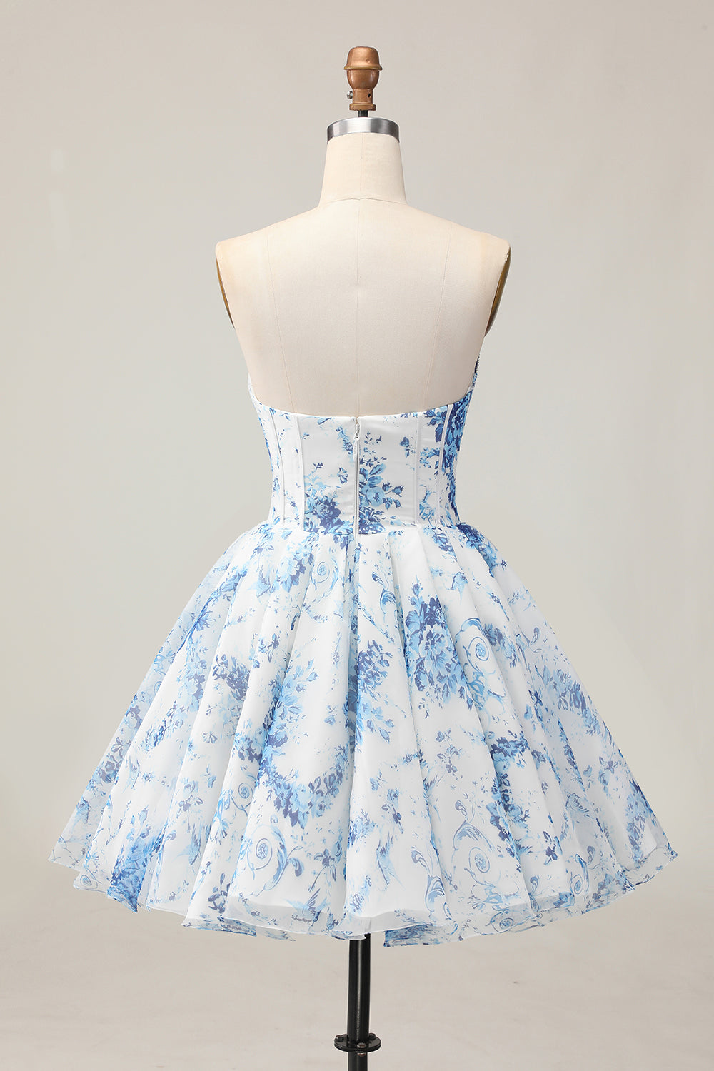 White Blue Flower A-Line Strapless Printed Beaded Homecoming Dress